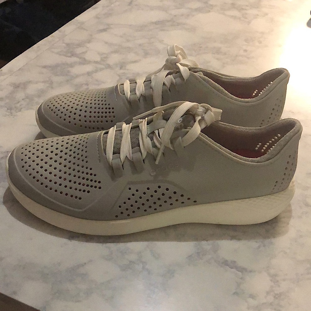 Laced gray crocs